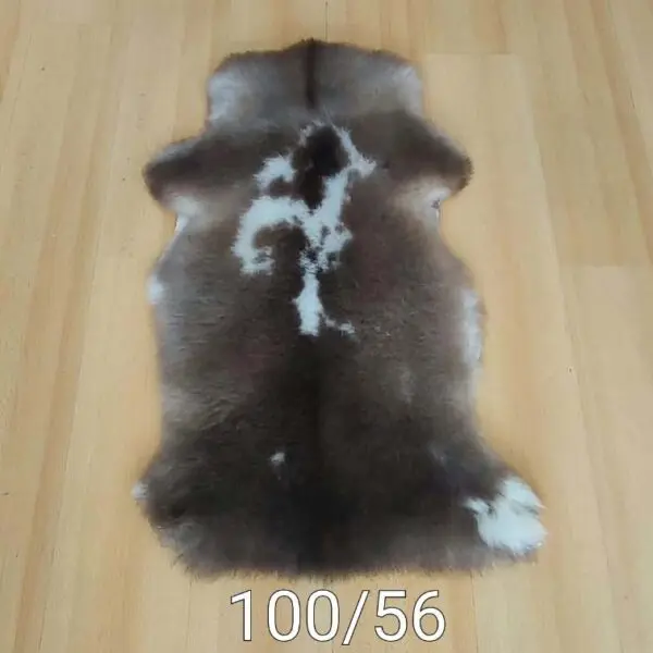 Messenger_creation_99B4095E-375E-4738-A576-F13D45EB8F92 Brown and white animal hide rug spread on a light wood floor, with '100/56' printed at the bottom.